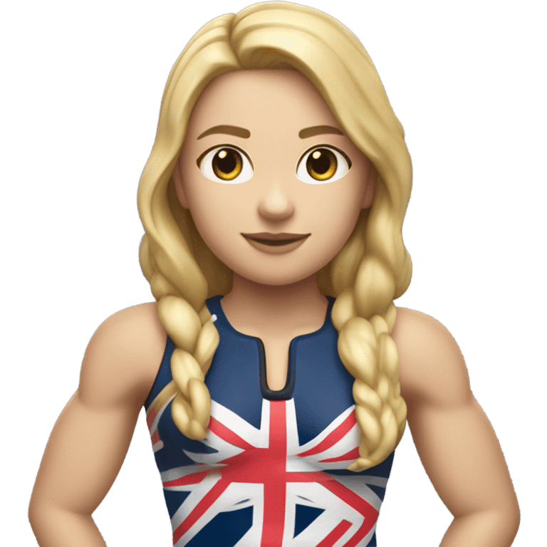 A girl with long blonde hair with wide shoulders wearing a Great Britain rowing swimming suit and has toned muscles and add a necklace that has a sea shell pendant on it. The necklace is around the neck and the pendant is on her chest  emoji