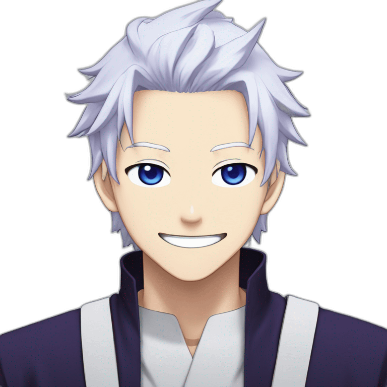 Satoru Gojo with his blue eyes,long medium white hair, a big friendly smile, dark violet uniform from jujutsu kaisen emoji