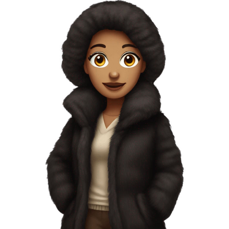 Dark haired woman wearing big full length fur coat emoji