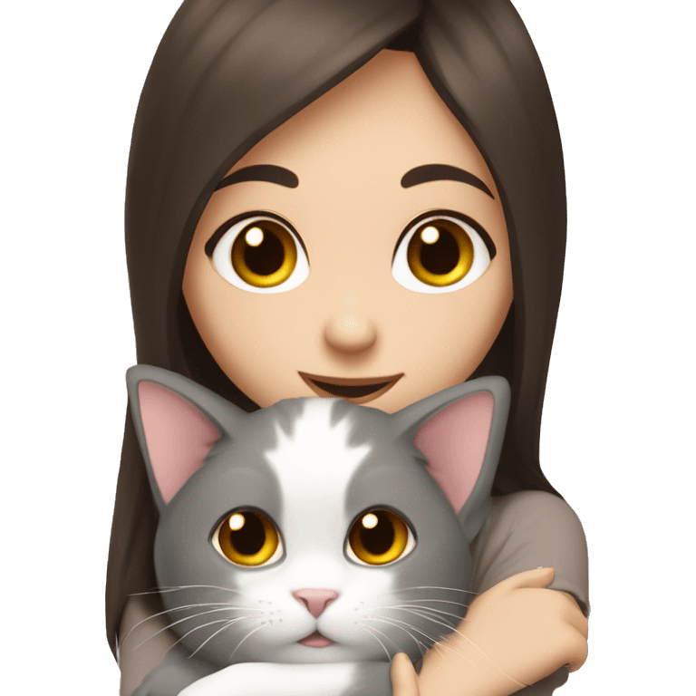 Brown-eyed brunette girl holds fluffy grey with white cat spots in cuddle emoji