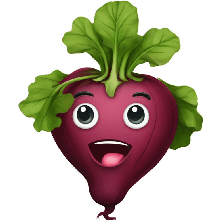 miling beetroot with big expressive eyes, rosy cheeks, and a green leaf on top. Simple and bright design with a cheerful and cartoonish style. emoji