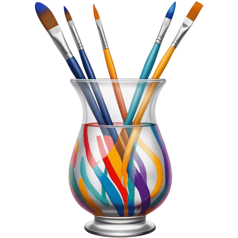 Glass painting icon, colorful brushstrokes on a glass vase, intricate painted patterns on the surface, visible fine paintbrush and palette beside it, no liquid inside the vase, minimalistic style, clean lines, transparent background. emoji