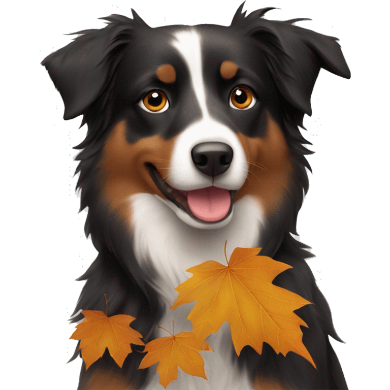 Autumn leaves with Small black australian shepherd dog emoji