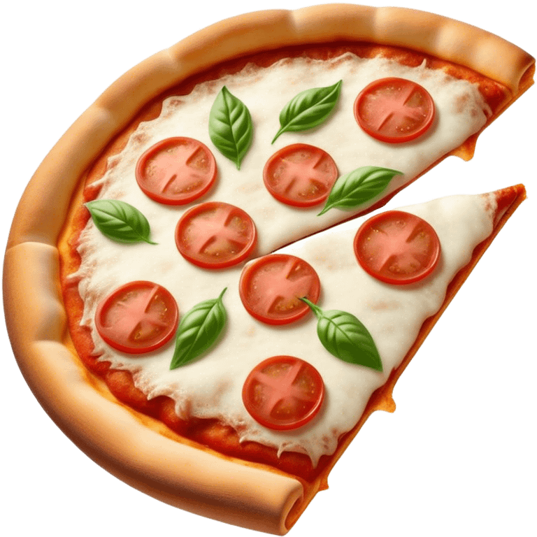 Pizza Napoletana Cinematic Realistic Pizza Napoletana Dish Emoji, depicted as a delicious slice of Neapolitan pizza with a thin, crispy crust, fresh tomato sauce, mozzarella, and basil, rendered with mouth-watering textures and vibrant, warm lighting. emoji