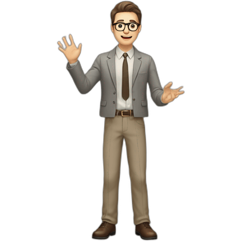 To belt Actively gesturing with hands Pale skinned fit man with dark brown hair in gray jacket, beige office shirt, brown tie, brown pants and vintage glasses. emoji