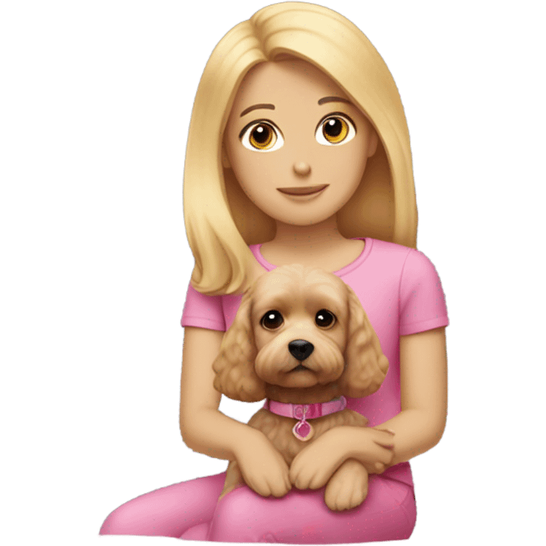 Straight blonde hair girl wearing a pink top with a cavapoo emoji