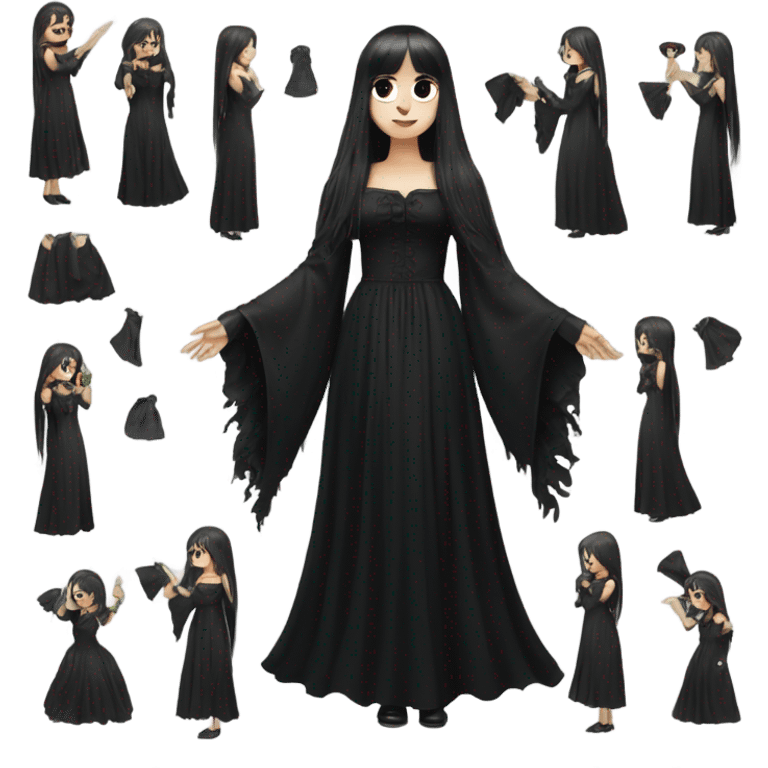 gothic girl wearing long big bell arms, black dress, long hair with bangs,  emoji