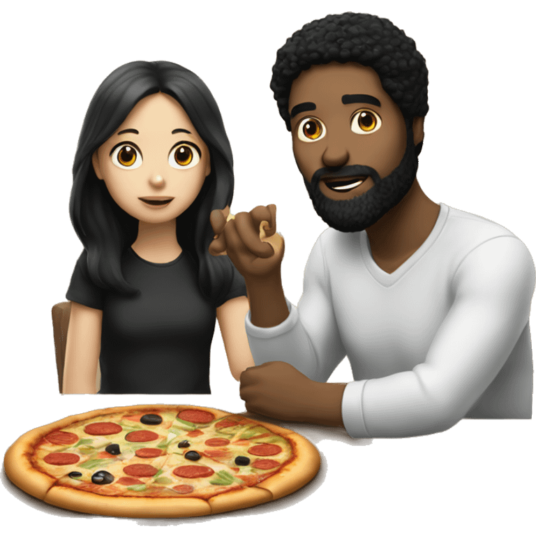 white man with black hair and beard sitting at a table eating pizza with small white girl with black hair emoji