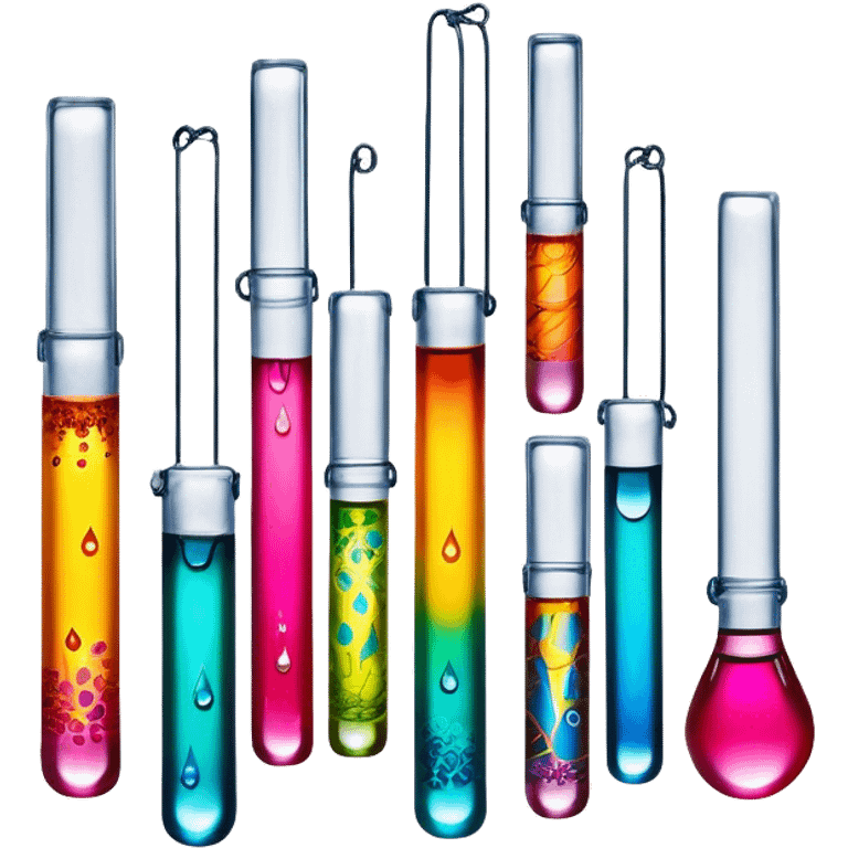 Create an icon that represents decorative arts using epoxy resin in tubes. The design should feature colorful tubes of resin, including fluorescent resin tubes, with visible drops or strokes of resin being applied to create intricate designs. Include examples of finished resin jewelry or decorative pieces, such as pendants, rings, or abstract art. The composition should feel vibrant and artistic, highlighting the creative and glowing nature of resin crafting. The background should be transparent. emoji