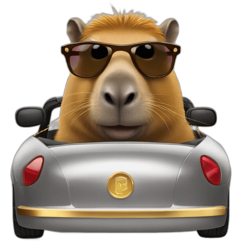 A capibara with sunglasses and a gold chain driving a car emoji