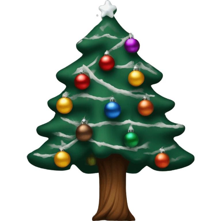 A Christmas tree thwtd dark green with different colored ornaments and snow on the branches with a brown tree trunk  emoji