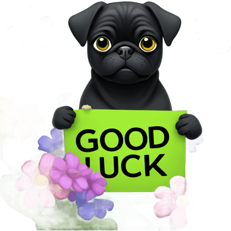 Black pug , surrounded by flowers, holding a green sign that says “good luck”  emoji