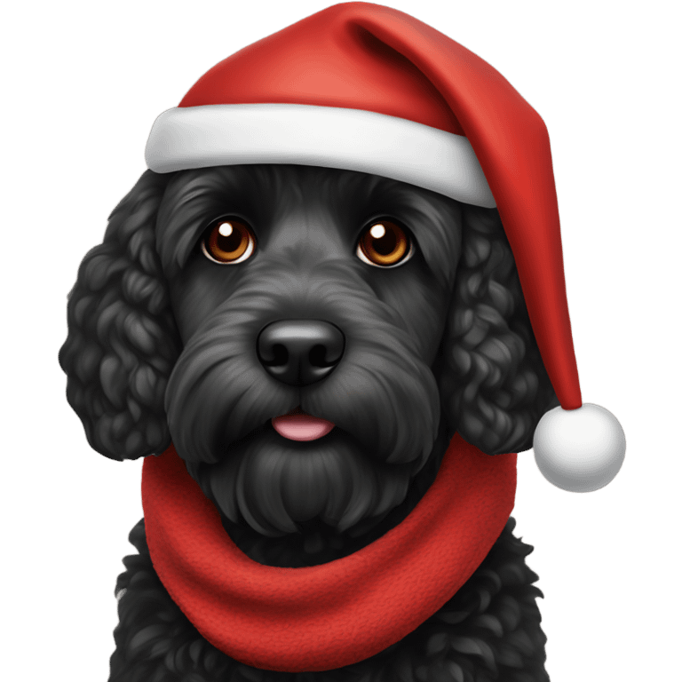 black cockapoo dog wearing Santa hat and red scarf emoji