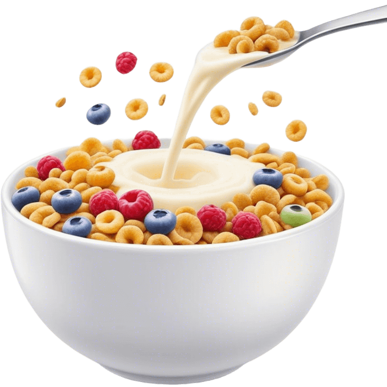 Cinematic crunchy cereal, vibrant and colorful, splashing into a bowl of cold milk, soft glowing background, dynamic movement, playful and inviting, nostalgic and fun. emoji