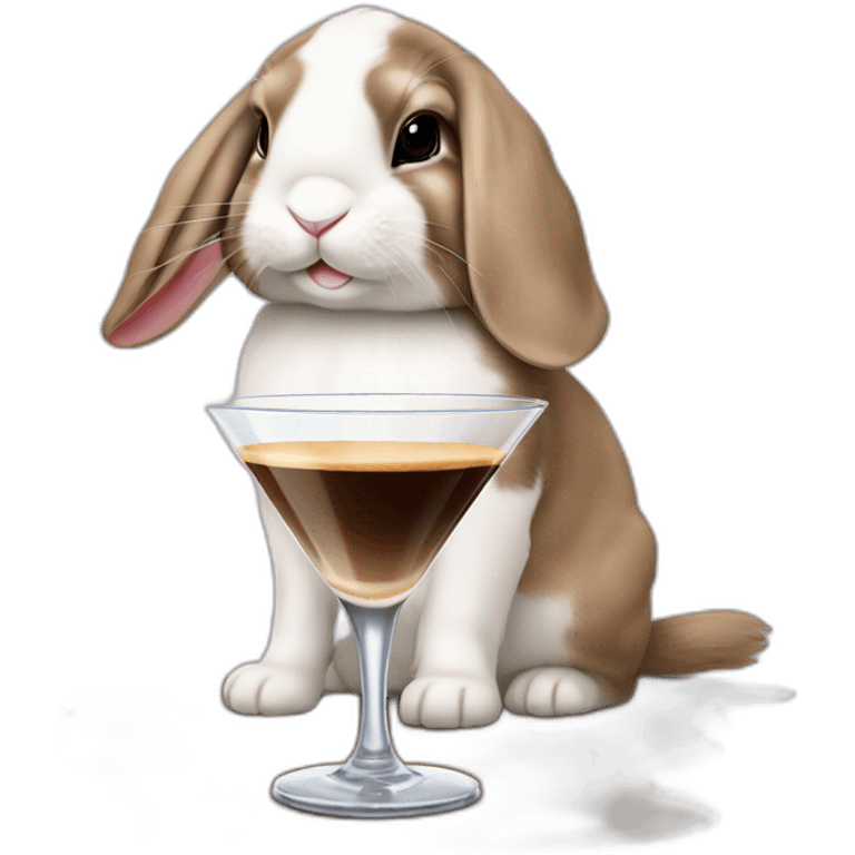 Holland lop rabbit drinking an espresso martini out of a martini glass emoji