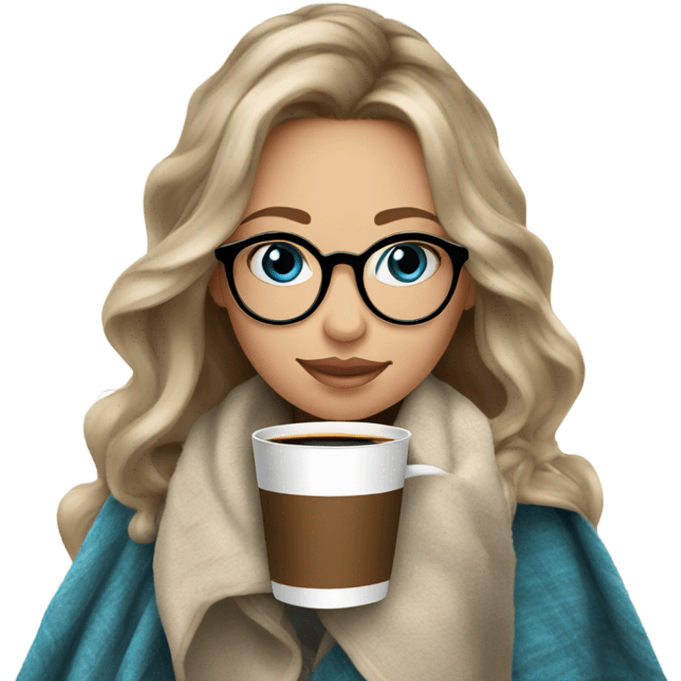 Balayage hair Girl drinking coffee, with a cozy blanket wearing glasses with blue eyes  emoji