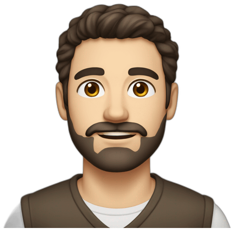 A young Caucasian man with dark brown eyes, almond-shaped eyes, short dark brown hair, and a small dark brown beard with a more prominent mustache. emoji