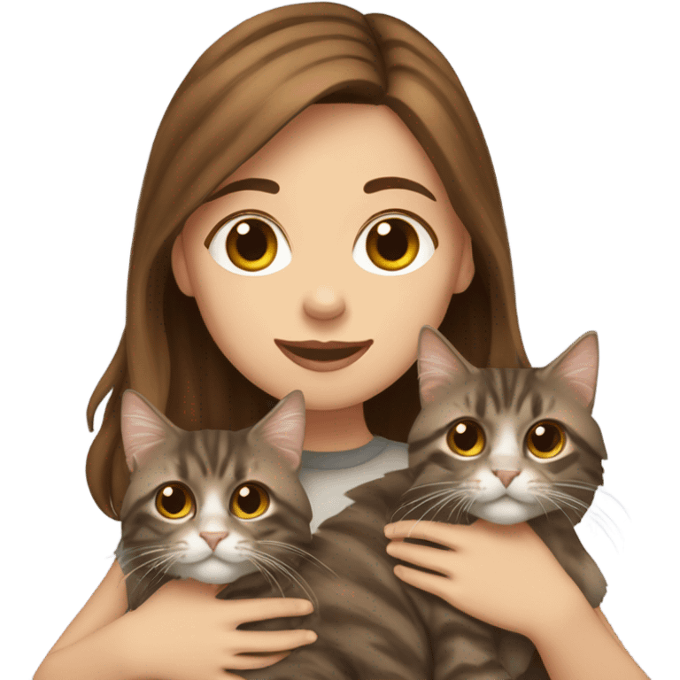 Girl brown hair holding 2 tabby maincoons emoji