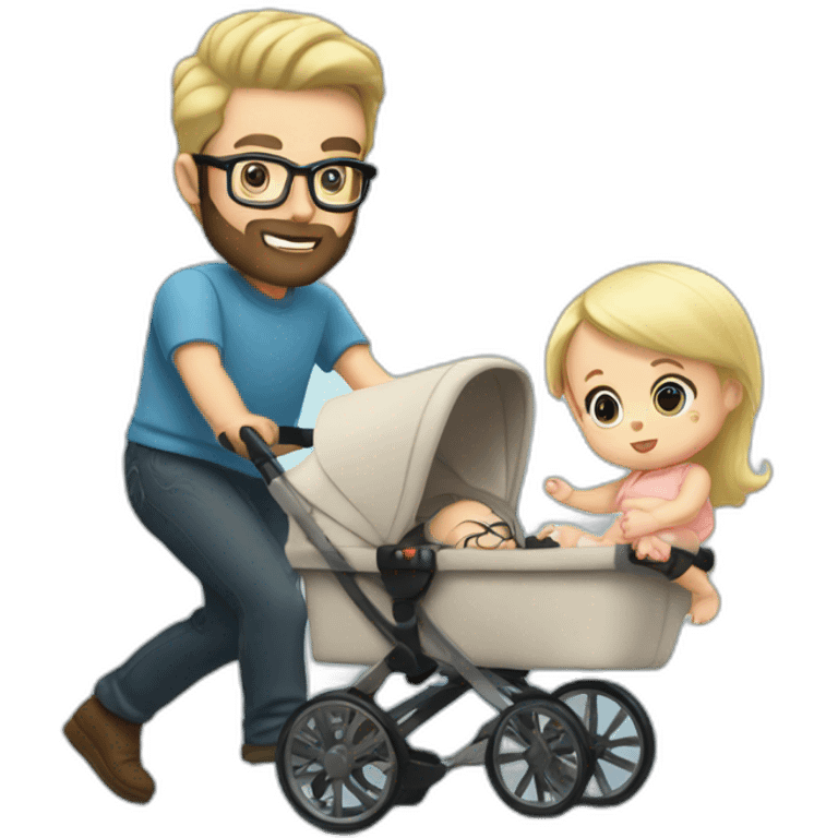 White man with Black hair,  beard and glasses pushing buggy with blonde baby emoji