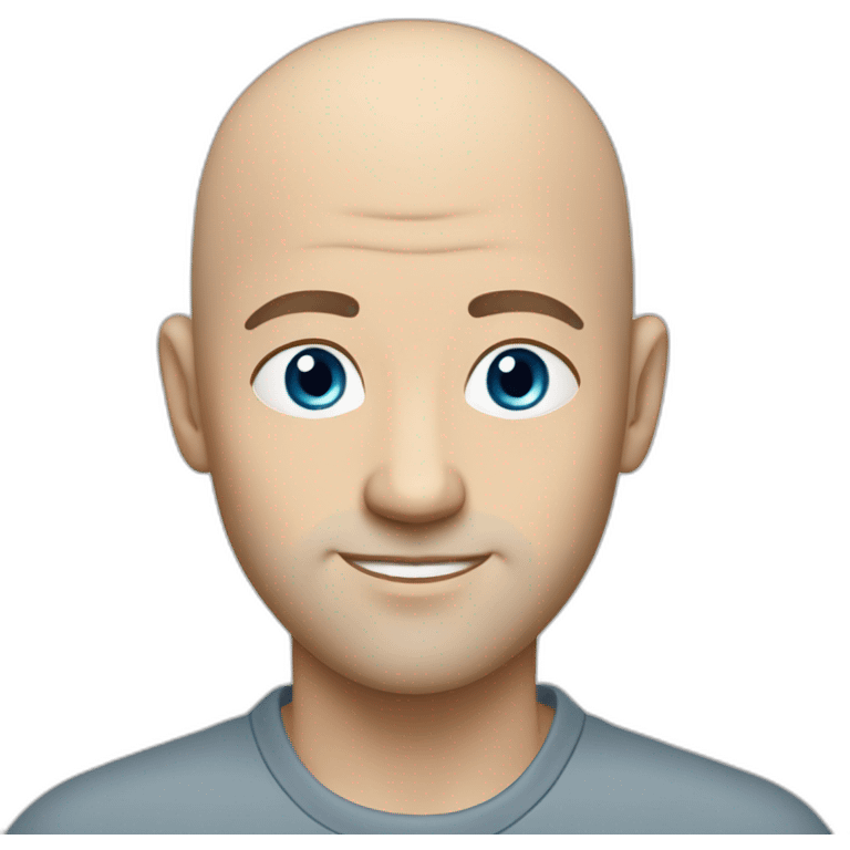 thin bald guy in casual clothes with grey-blue eyes broadcasting emoji