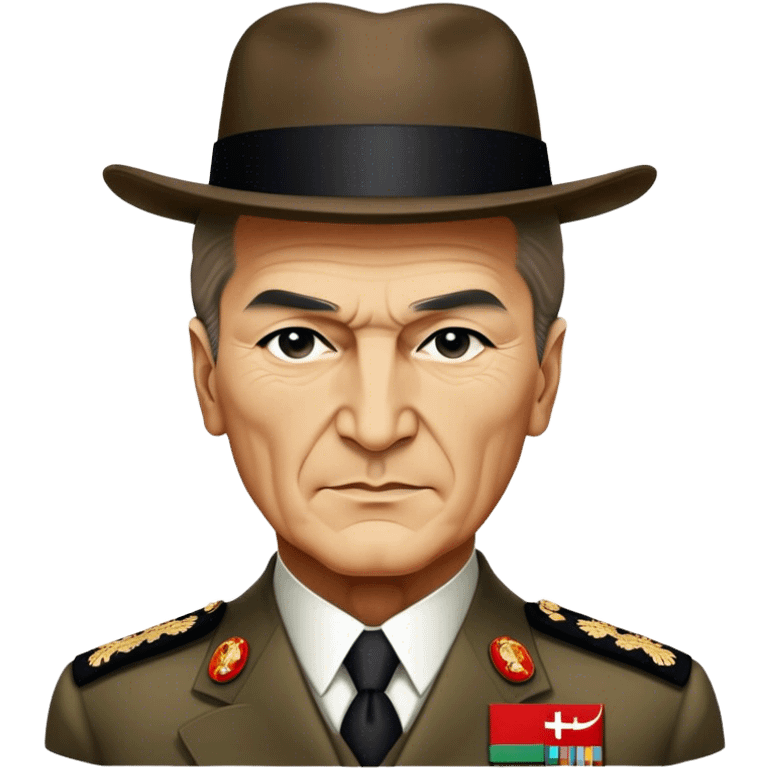 Mustafa Kemal Atatürk (statesman) in traditional hat – Cinematic Realistic Portrait of Mustafa Kemal Atatürk, depicted in dignified traditional attire with a distinctive hat, a resolute and visionary expression illuminated by warm, historic lighting, rendered with rich textures that evoke his transformative leadership. emoji