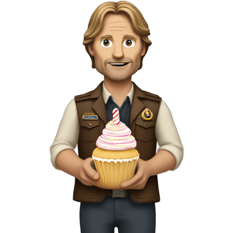 Viggo Mortenson as Captain Fantastic carrying a birthday cupcake emoji