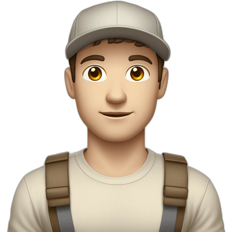 Pale skinned fit Man with dark brown hair in a beige cap, gray jeans, brown polo and white T-shirt keeping a pasted with tape white box into his hands emoji