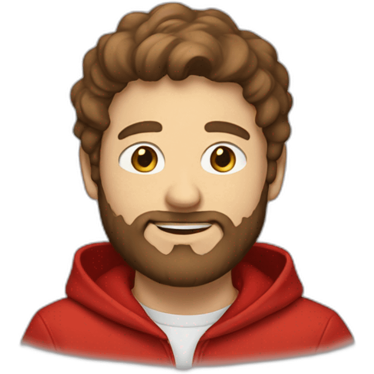 white dude smiling with a brown beard and short brown hair with a red hooded hoodie with "Posh" on the hoodie emoji