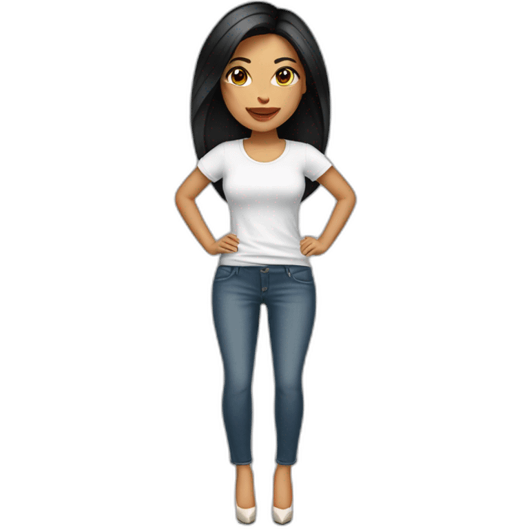 Brazilian Woman with small lips black eyes black straight middle size hair dressing jeans with white Tshirt in high heels emoji