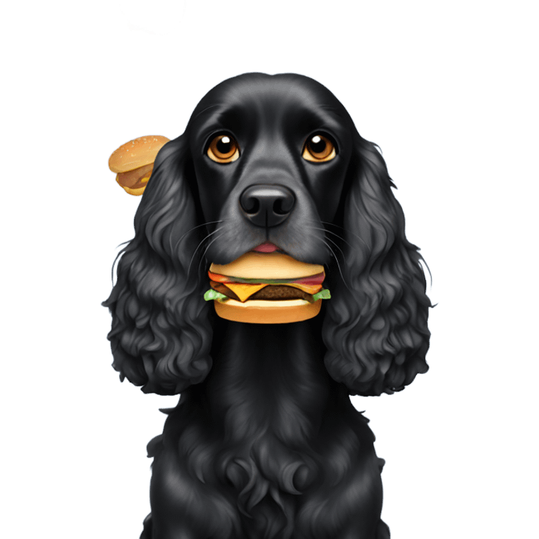 Black cocker spaniel eating a cheeseburger emoji