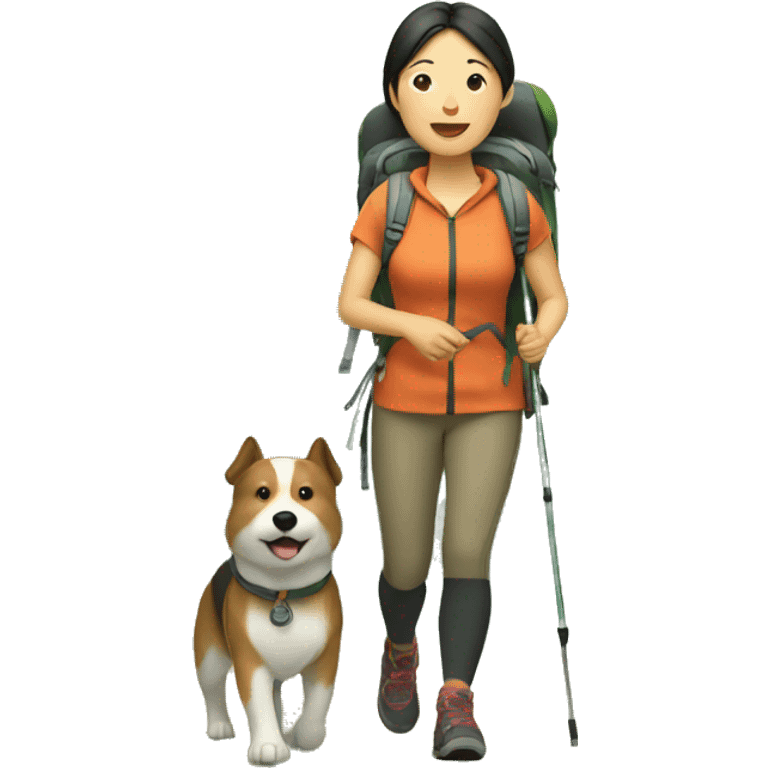 asian woman hiking with dog emoji