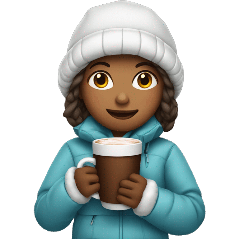 Girl wearing winter jacket holding hot chocolate  emoji