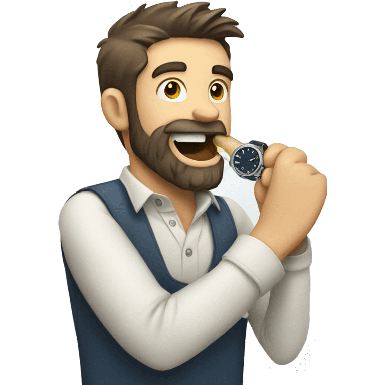 Bearded Caucasian man biting a watch  emoji