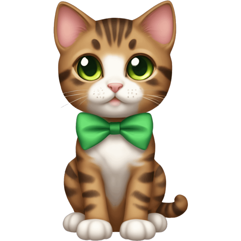 kawaii brown tabby kitten with green eyes and bow on top of head full body emoji