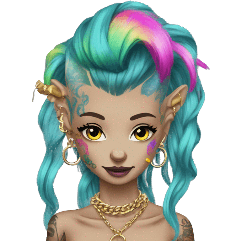 Punk Chinese crested neon rainbow hair gold chain piercings tattoos ear piercings emoji