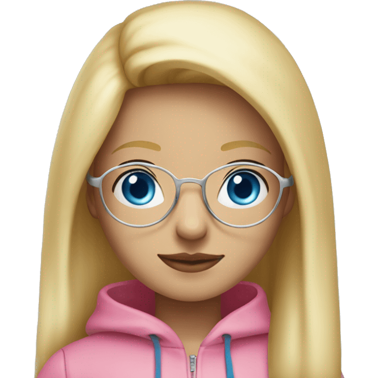 girl with straight, long blonde hair, with blue eyes, with silver round glasses, dressed in pink hoodie emoji