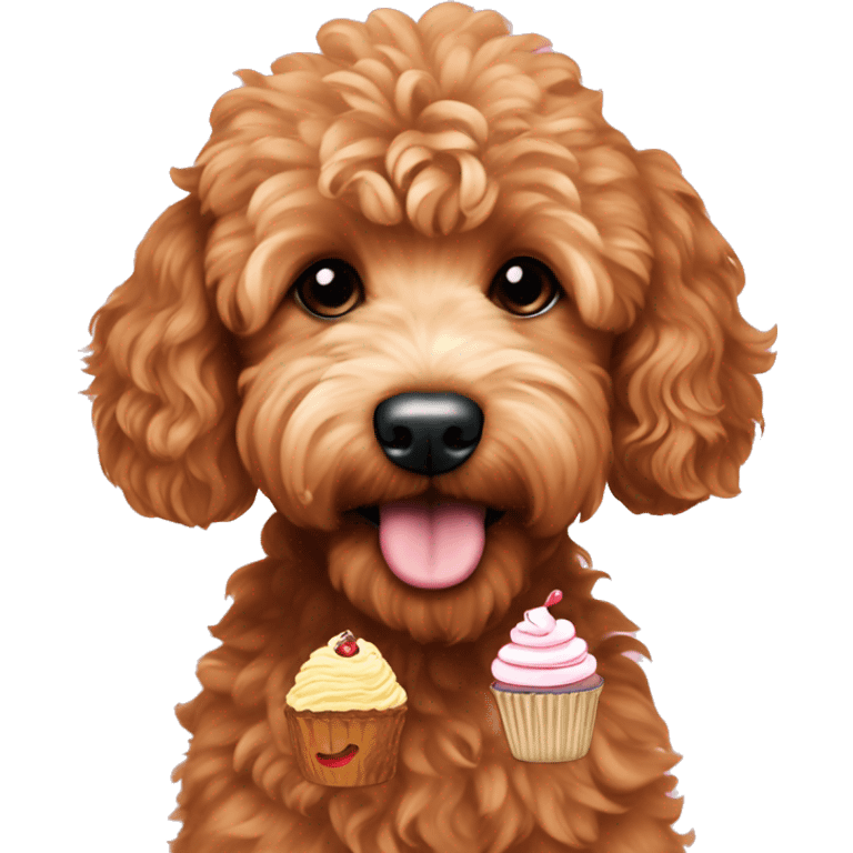 Red mini goldendoodle with a cupcake emoji