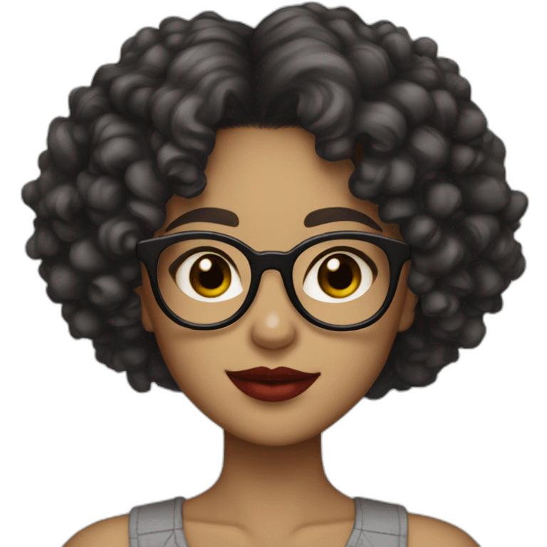 Girl with curly black hair, glasses, brown eyes and red lips, light skin tone emoji