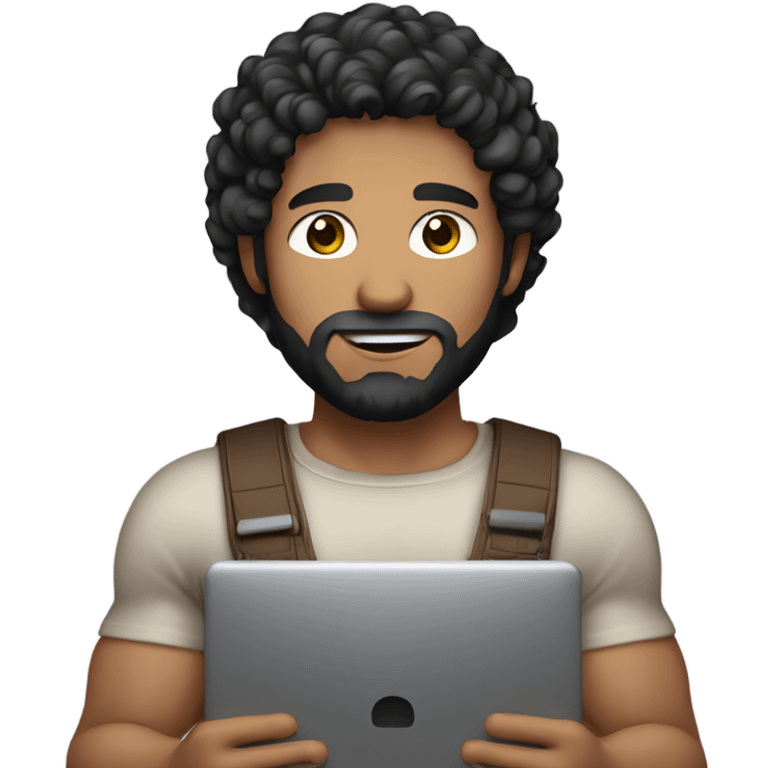 men holding his computer in hands. light brown skin men with curly black hair, dark brown eyes, little grown beard. just a tiny bit muscular. dressed casual. round face. emoji