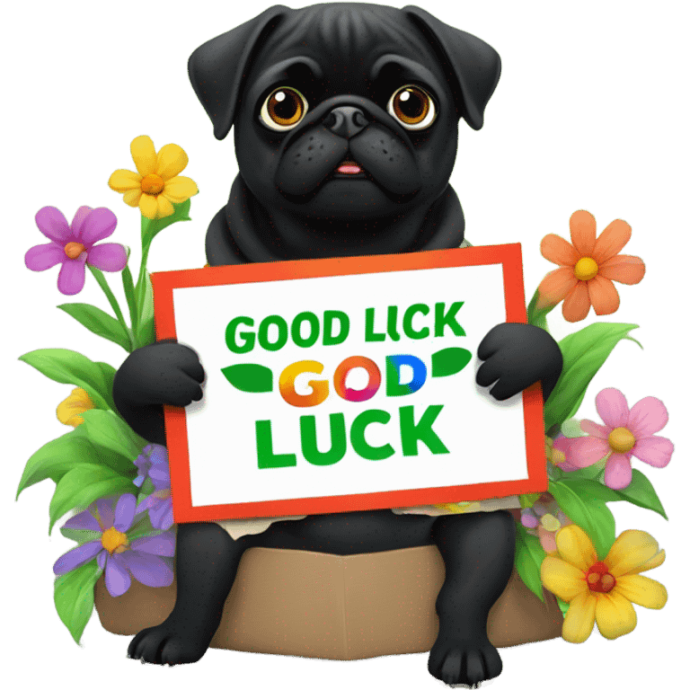 Black pug , surrounded by flowers, holding a green sign that says “good luck”  emoji