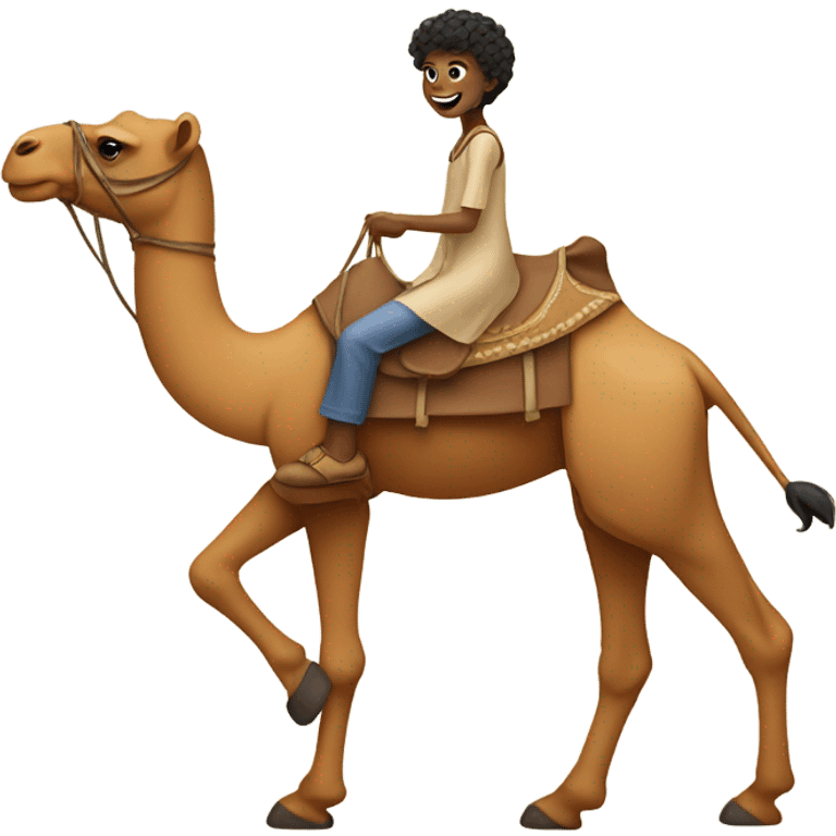 Jacob wearing a dress riding a camel emoji