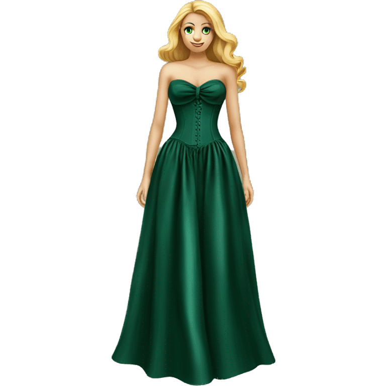 Realistic dark green silk maxi dress isolated with a tight corset. No person, just a dress emoji