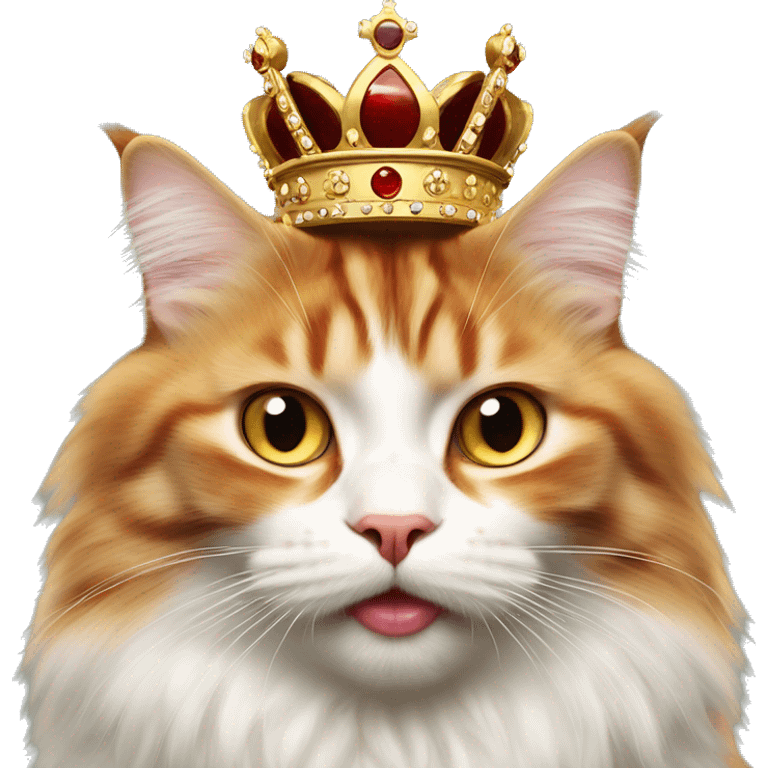 red and white Siberian cat with amber eyes in a crown shows tongue emoji