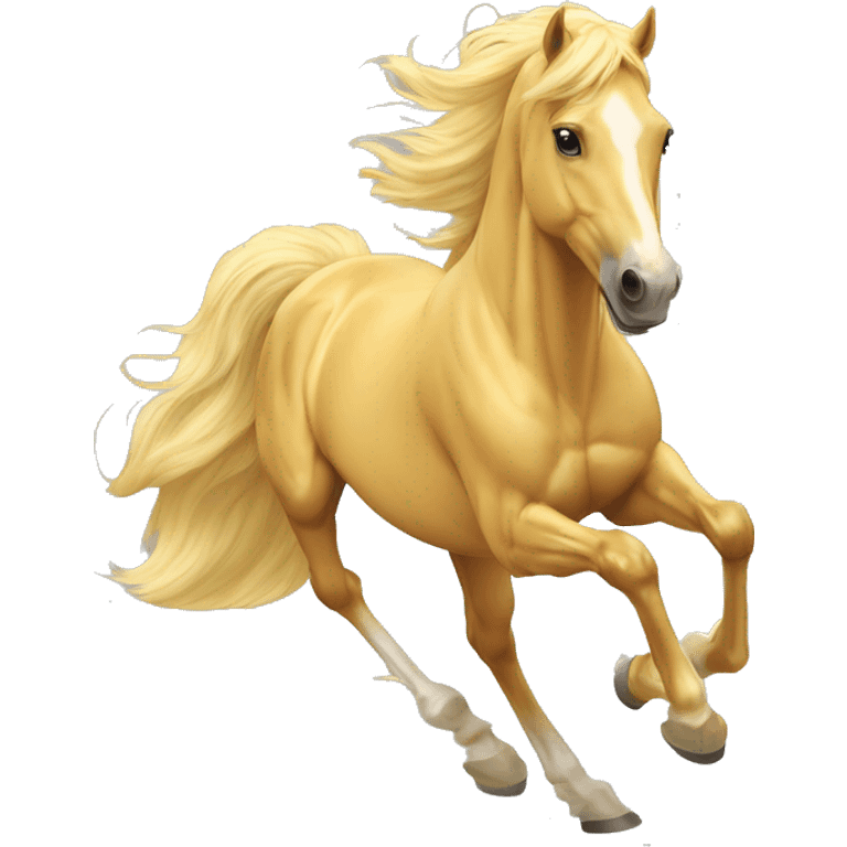 Yellow palomino horse with long flowing mane galloping with prosthetic leg, slender horse, solid yellow horse, running, yellow horse galloping with prosthetic leg, pretty horse emoji