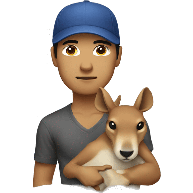 Asian male tough with sideways cap holding a kangaroo upside down emoji