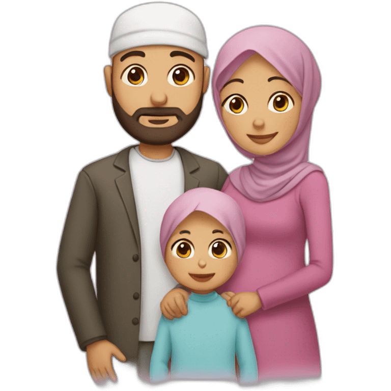 Muslim family with bearded and bald father , mother wearing hijab, two boys and a new born daughter emoji