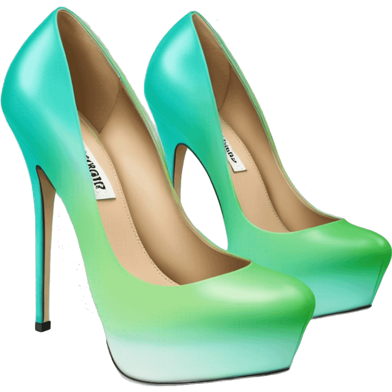 Hyper Realistic top view of a pair of tiffany blue to pistachio green ombre 
Steve Madden stiletto high heel shoes. emoji