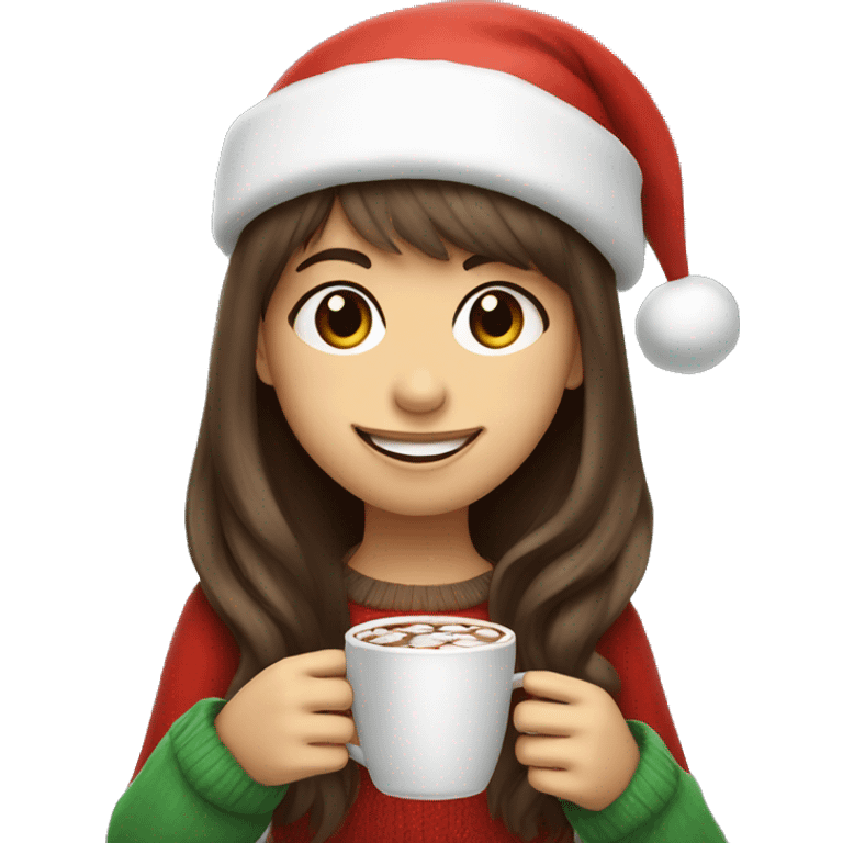 Smiling girl with long brown hair wispy bangs wearing a Santa hat and holding hot chocolate  emoji