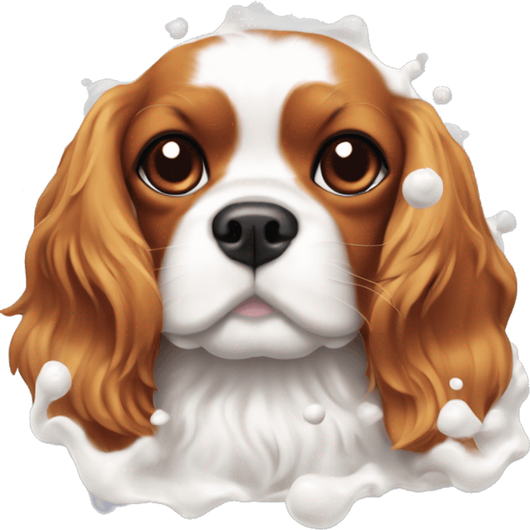 Cavalier king charles spaniel with bath foam on top of his head emoji