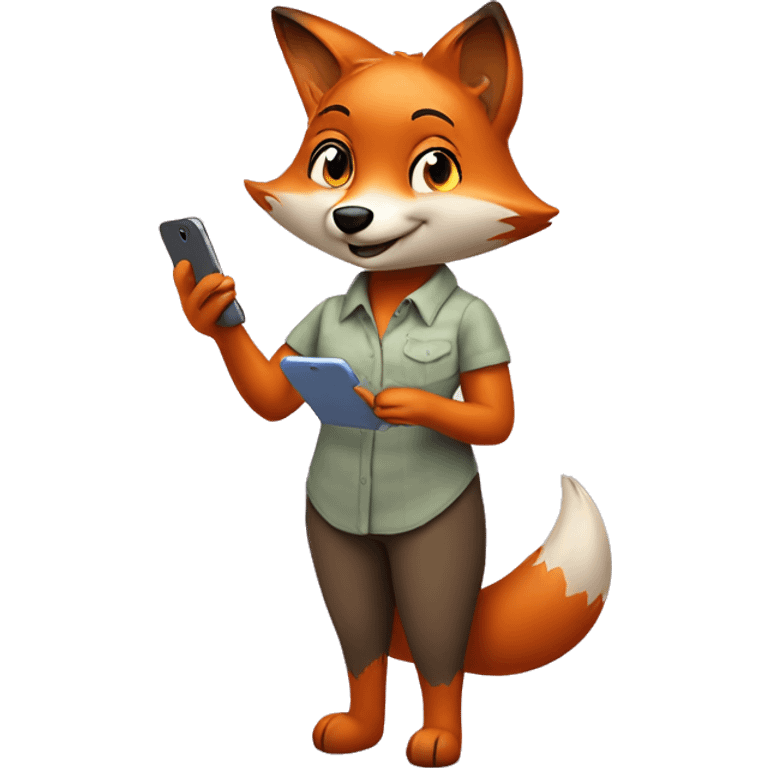 Happy fox (she is a female fox. She is animal) stands in a shirt, and uses her favourite app in the phone. She holds her phone and stares in it. emoji